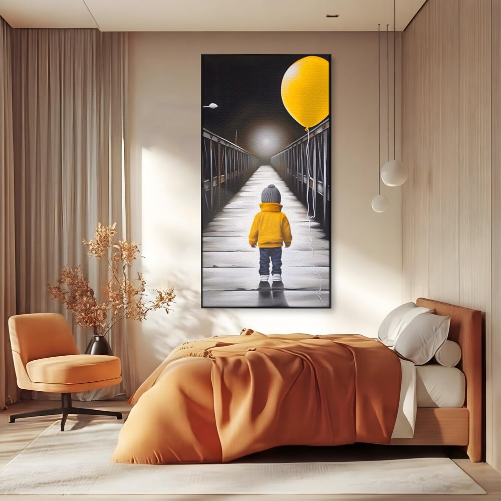 Tablou canvas cu tablou canvas cu un copil si balon galben pe pod, in rama de aluminiu negru, pe perete intr-un dormitor